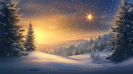 Sticker - A snowy, pine-filled landscape with a bright star shining in the sky at sunset.