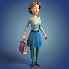 Sticker - A cheerful cartoon woman with brown hair and blue eyes is holding a shopping bag. showcasing a fun and friendly character perfect for branding or advertising.