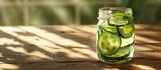 Poster - A jar of water with sliced cucumber placed on a wooden table under sunlight with preserved jars and ample copy space for food drink or product images
