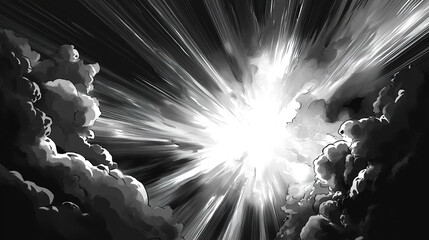 Wall Mural - vector illustration in black and white, showcasing a comic book-style sky with thick clouds and a st