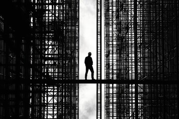 Poster - Silhouette of a Construction Worker on a Scaffolding Platform