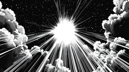 Wall Mural - vector illustration in black and white, showcasing a comic book-style sky with thick clouds and a st