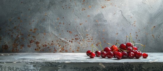 Poster - Gray stone table with cherries copy space image