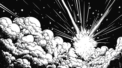 Wall Mural - vector illustration in black and white, showcasing a comic book-style sky with thick clouds and a st