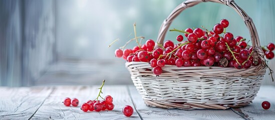 Poster - Close up view of red currant berries in a basket on a white wooden table with space for text or images. Creative banner. Copyspace image