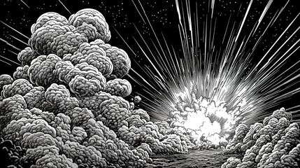 Wall Mural - vector illustration in black and white, showcasing a comic book-style sky with thick clouds and a st