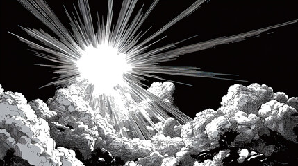 black and white vector comic book-style illustration depicting a dramatic sky with thick clouds and 