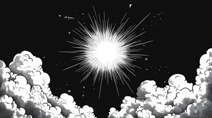 Wall Mural - black and white vector comic book-style illustration depicting a dramatic sky with thick clouds and 