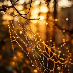 Canvas Print - A spider web with dew drops glistening in the morning sunlight.