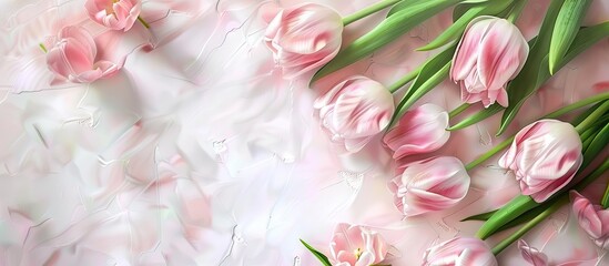 Aufkleber - Top view of a beautiful bunch of pastel pink tulips creating a floral border against a light background ideal for springtime occasions like Mother s Day with copy space image