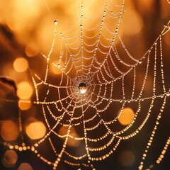 Wall Mural - A spider web with dew drops in the early morning sun.