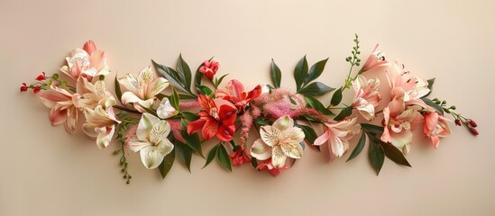 Leinwandbilder - Top down view of floral arrangement on beige backdrop ideal for adding text or graphics copy space image included