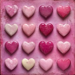 Poster - A square arrangement of sixteen heart-shaped objects in various shades of pink on a textured pink background.