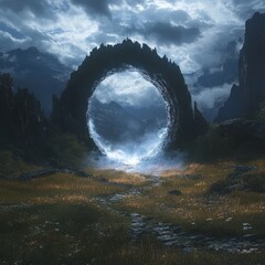 Poster - A stone archway in a mountainous landscape, with mist swirling through it and a path leading to it.