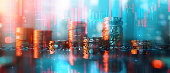 Wall Mural - Double exposure of graph and rows of coins in soft color for finance and business concept