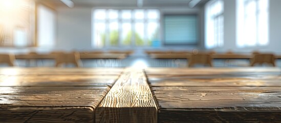 Fototapete - Blurred classroom setting with a wooden cabinet table in focus displaying ample copy space image
