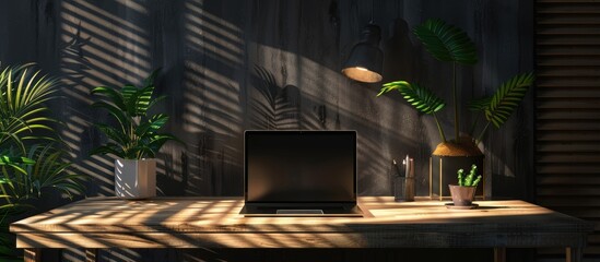 Poster - Remote work setting concept with a wooden desk a laptop and a serene atmosphere depicted in the copy space image