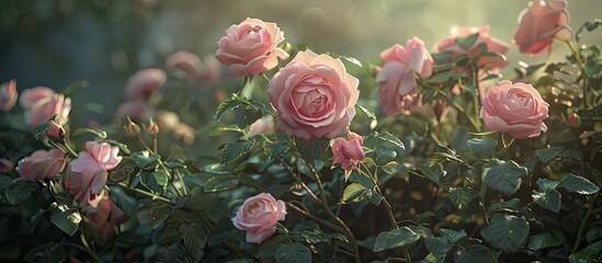 Poster - Summer garden with delicate pink roses blooming showcasing a charming and fragile display with copy space image available