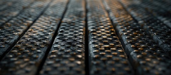 Dark copyspace image with a golden circle chain mesh creating a grid like sunbeam on the textured natural wood surface