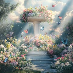 Wall Mural - A stone pedestal surrounded by colorful flowers and butterflies, with sunlight shining through the clouds above.