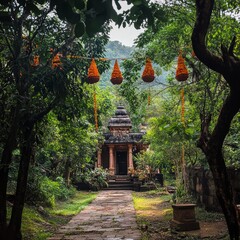 Sticker - A stone temple sits in a lush green forest, with a path leading to it, adorned with orange flower garlands.