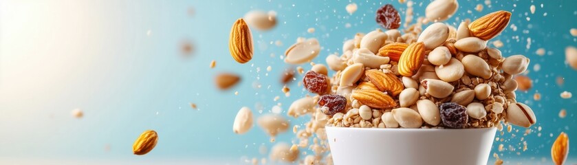 A vibrant assortment of nuts spilling from a white bowl, showcasing healthy snacks and dynamic textures against a colorful background.