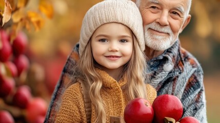 Poster - A man and a little girl holding apples in front of an apple tree, AI