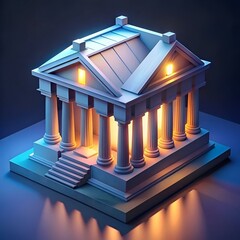 Sticker - A clean and modern 3D illustration of a bank building with glowing windows.