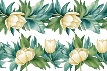 Seamless Watercolor Border Design Featuring Soft Cream Tulips and Vibrant Jade Leaves on White Background