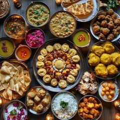 Sticker - A table laden with a variety of Indian dishes, including curries, breads, rice, and sweets, all arranged in a beautiful and symmetrical manner.