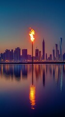 Poster - A tall flame torch stands out against the city skyline at dusk, reflected in the calm water.