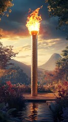 Sticker - A tall torch with a burning flame stands on a platform in a serene landscape with mountains in the background.