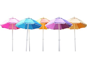 A collection of bright and vibrant umbrellas against a clean white backdrop