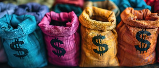 Wall Mural - Colorful money bags with dollar symbols, representing financial growth 