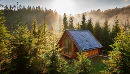 Wall Mural - Solar Panels on an Off-Grid Cabin at Sunrise