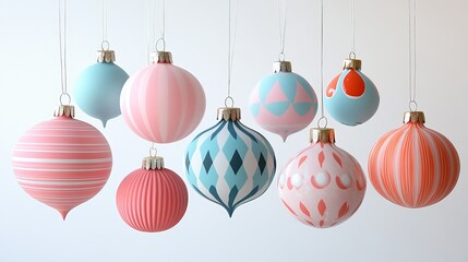 Retro Christmas ornaments with bold geometric designs, hanging against a clean white background, vibrant pastel colors, 1960s pop art style, soft lighting, high detail