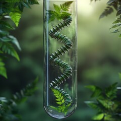 Wall Mural - A test tube filled with green leaves, symbolizing the importance of nature in scientific research and development.