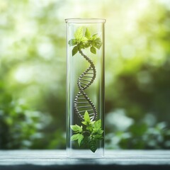 Canvas Print - A test tube with a plant growing inside and a DNA strand in the middle, against a green, out-of-focus background.