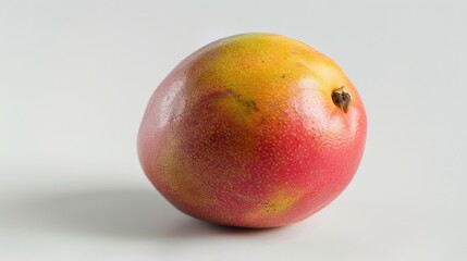 A juicy ripe mango sits alone on a white surface