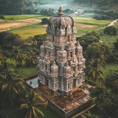 Poster - A towering, ancient Hindu temple with intricate carvings, surrounded by lush greenery and palm trees.