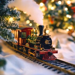 Canvas Print - A toy train with steam coming from the chimney is traveling through a snowy landscape in front of a Christmas tree.