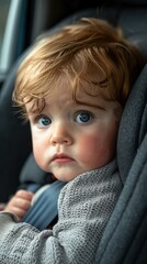 Canvas Print - A young child sits in a car seat. AI.