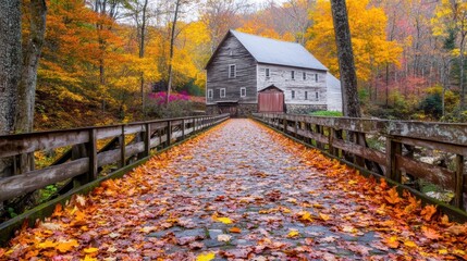 Sticker - A bridge over a river with leaves on the ground, AI