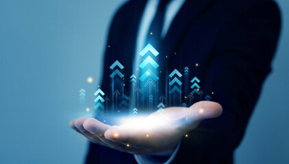 Leinwandbilder - Business arrow chart diagram, growth strategy and achieving goals with the rising arrow.Business strategy development and efficiency growthGrowing graph and annual report for a successful development.