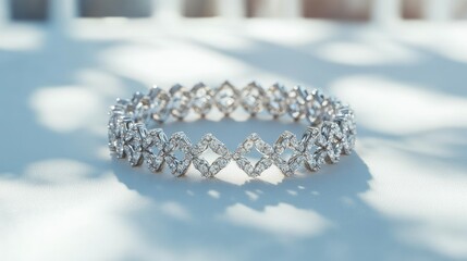 A single diamond bracelet with intricate detailing, resting on a bright white surface, capturing the beauty of luxury jewelry