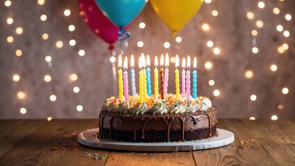 happy birthday, cake of chocolate and white cream and colorful sprinkles and candles on top with balloons in bokeh background