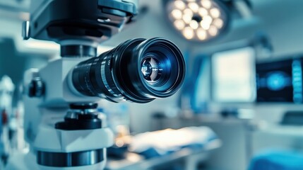 Wall Mural - Close-up of a Medical Surgical Microscope Lens in an Operating Room