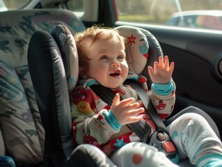 Sticker - A happy baby in a car seat. AI.