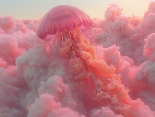 Wall Mural - A jellyfish floats through a sea of fluffy clouds. AI.