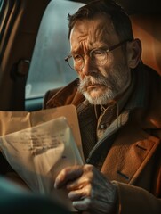 Poster - A man reads a letter in his car. AI.